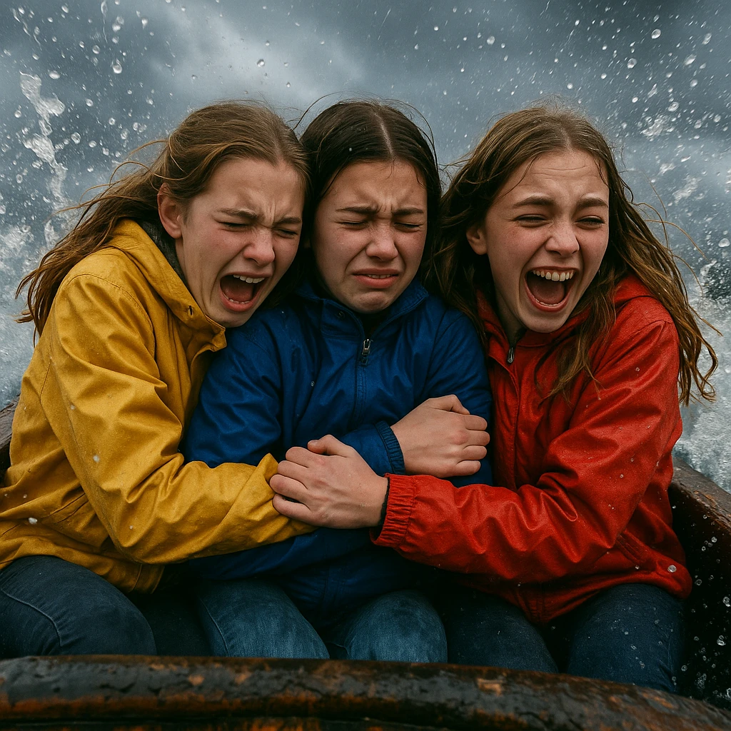 three teenage girls on a log flume, holding onto each other, rain jackets, gloomy sky, water droplets everywhere, cold weather mood emoji