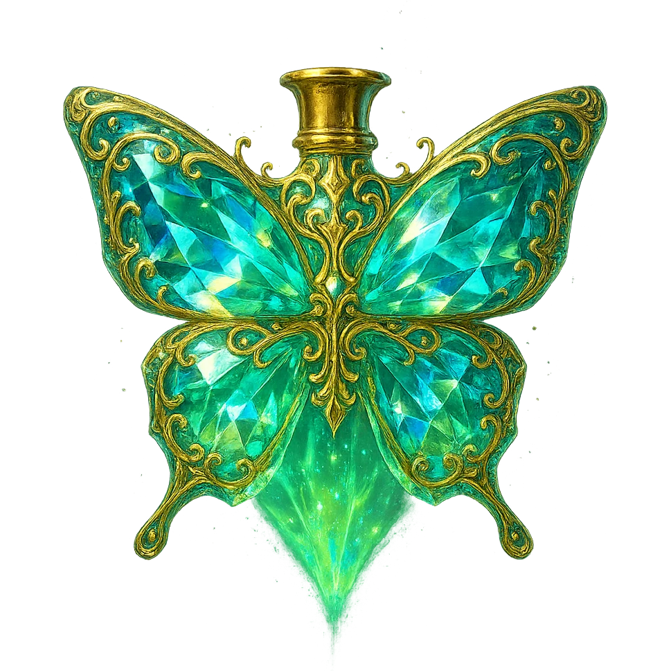 very close to original: crystal luxurious butterfly-shaped bottle with short gold neck (no crown), many facets, glowing, light refractions, green (#c0ff53) and blue colors, more golden details, more decorations, ornaments, glowing, magical effects, premium class impression. Bottle clearly floating in the air, no base or shadow, transparent background, beautiful merging bottom. emoji