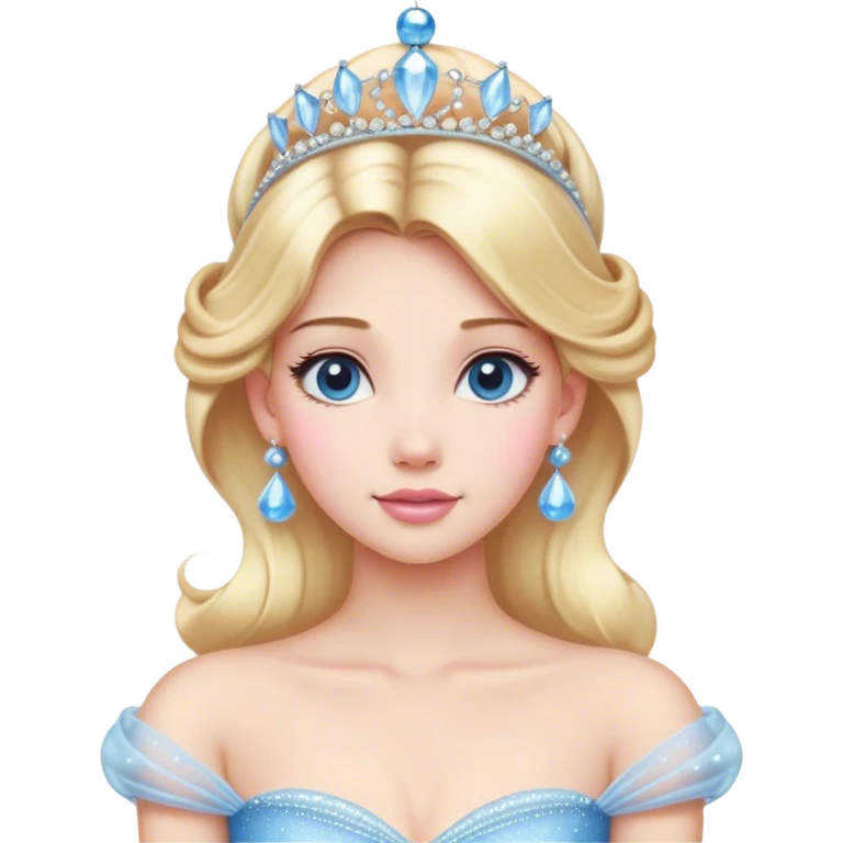 Cinematic Majestic Cinderella Portrait Emoji, rendered in a realistic, vector-style with clean, bold shapes. Depict Cinderella with a refined, noble expression, her fair skin luminous and her long blonde hair styled in an elegant updo, adorned with a delicate tiara. Her attire is a simple, sparkling ball gown that radiates soft pastel hues, glowing with a soft, majestic light and a subtle glowing outline, epitomizing classic royal beauty. emoji