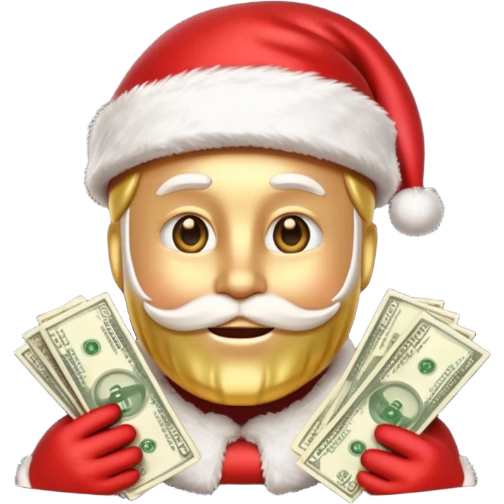 A confident rich emoji face wearing a Santa hat, money stacks, casino vibe, New Year theme, premium 3D emoji style, sharp details, no text, isolated on transparent background emoji