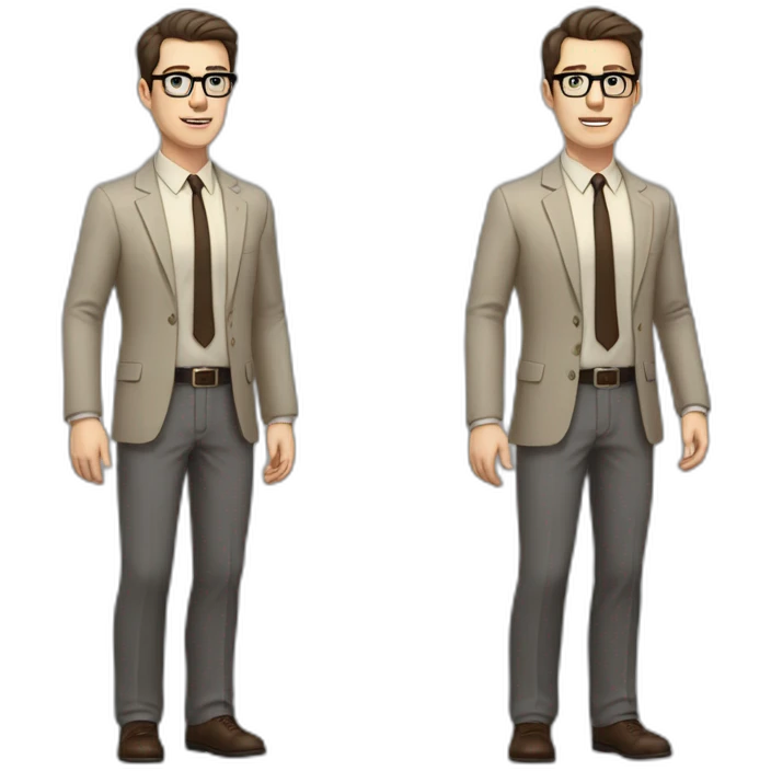 Full height Actively Gesturing Pale skinned fit man with dark brown hair in gray jacket, beige office shirt, brown tie, brown pants and vintage glasses. emoji