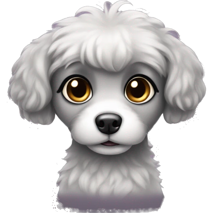 small fluffy grey dog with black ears and dark around big cute eyes and girly emoji