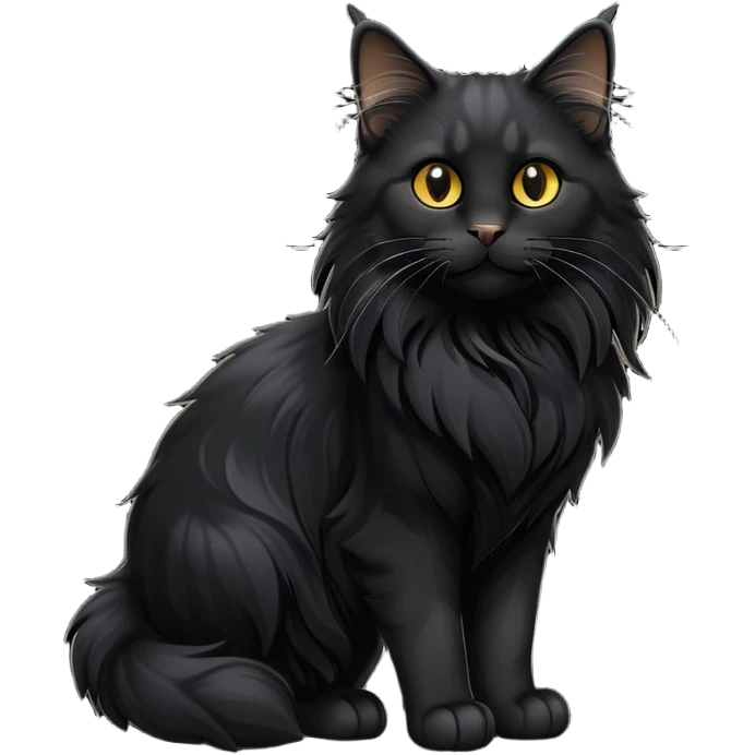 cinematic-black-maine-coon-cat-full-body-on all fours-emoji,-head-tilted-playfully-and-inquisitively,-sleek-solid black-fur,-simplified-yet-adorable-features,-highly-detailed,-glowing-with-a-warm,-friendly-glow -simplified-yet-realistic emoji