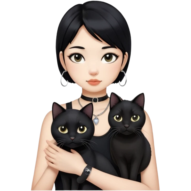 Asian cool girl, black hair, slightly longer than shoulder.  Holding two BLACK cats. one cat has a round fat face, the other one has a slightly slimmer face. Both pure black.  The girl also wearing a black singlet, a black chocker, silver round hook earring, and wearing eyeliner.  emoji