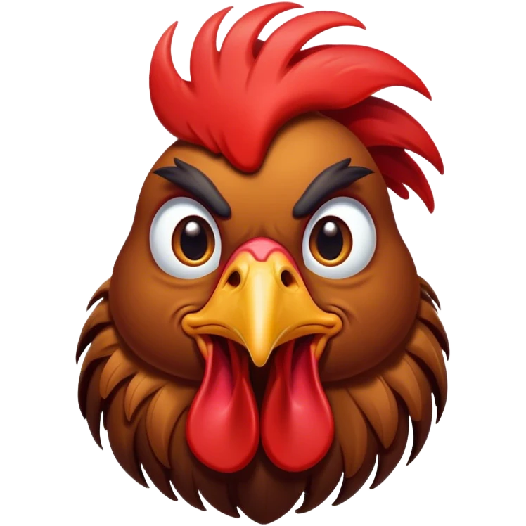 Cinematic Comical Brown Rooster Portrait Emoji, Head tilted dramatically with an exaggeratedly amused expression, featuring a striking, glossy brown plumage with a bold red comb, wide, expressive warm eyes filled with playful disbelief, Simplified yet hilariously expressive features, highly detailed, glowing with a slightly sassy glow, high shine, dramatic yet playful, stylized with an air of cheeky mischief, bright and endearing, soft glowing outline, capturing the essence of a spirited and over-the-top rooster, so meme-worthy it feels like it could crow its way into internet fame instantly! emoji