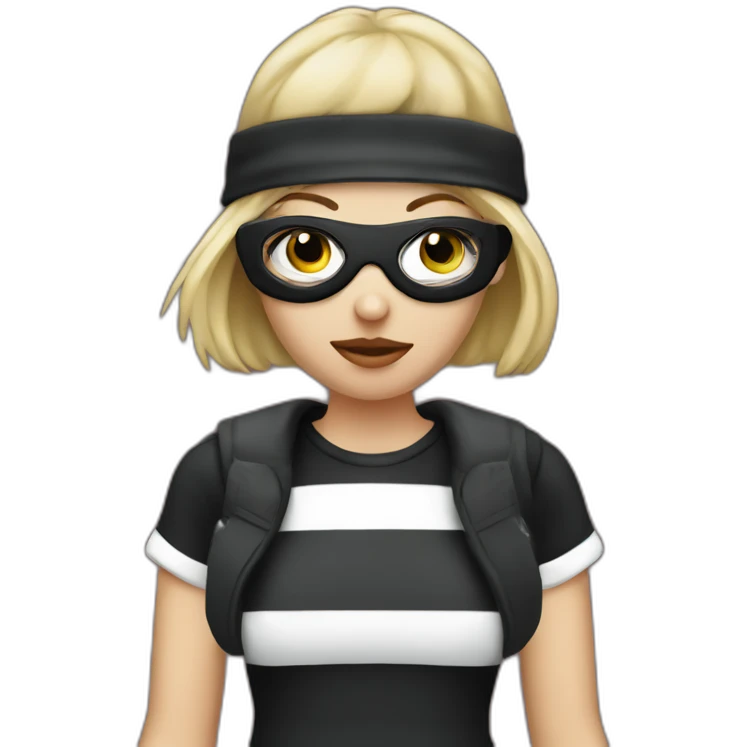 bank robber blonde woman with black beanie hat eye mask and striped shirt emoji