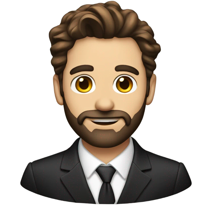 A man in late 30s with brown hair and brown eyes and a black suit and hair to the right and beard emoji