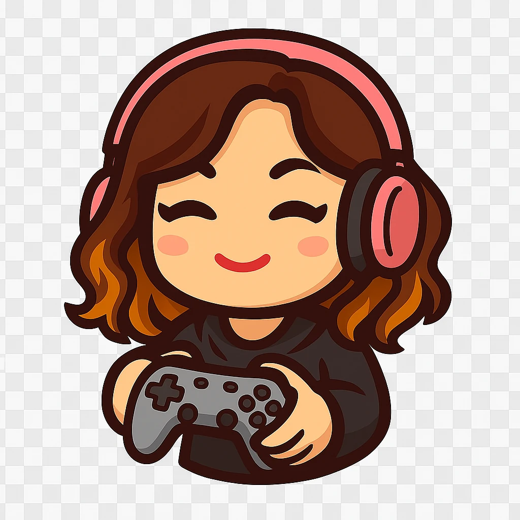 Create a chibi emote of the woman in the first reference image, in the style of the second reference image, holding a game controller in a gaming pose emoji