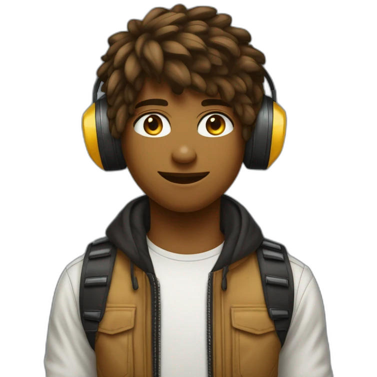 Adolescent métisse de 15 ans avec des cheveux noirs et courts avec des yeux marron clair avec un casque de gamer qui est derrière un ordinateur emoji