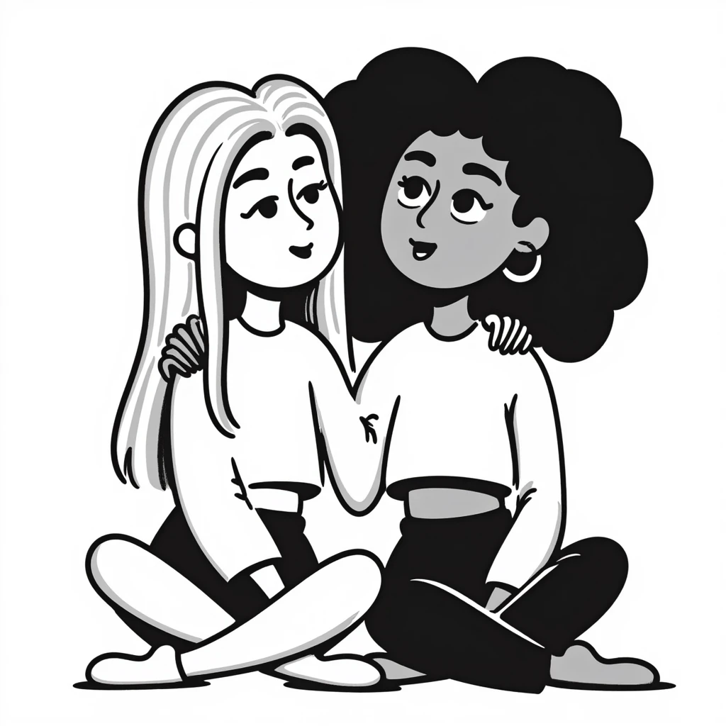 Full body of two teenage girls sitting together as friends, one white with straight blonde hair and one brown-skinned with curly black hair, both with heavy makeup, big lips, tight crop tops, hoop earrings, choni style urban clothing emoji