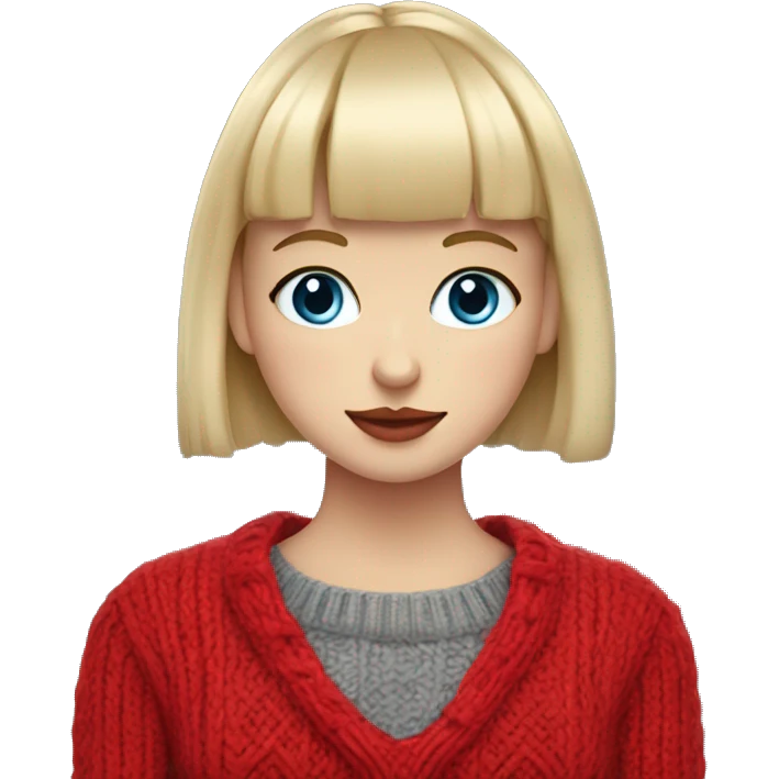 girl with short blonde hair and bangs (a fringe) with blue eyes, long eyelashes and red lipstick in a red cable knit sweater holding a grey cat emoji