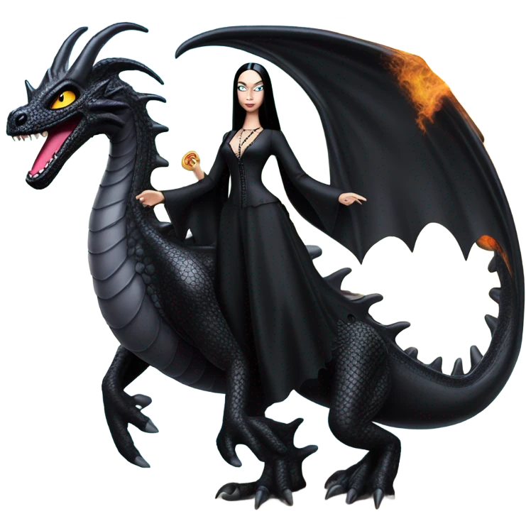  beautifully dressed teen Morticia Addams beach Barbie Jedi flying on the back of a very large black shiny evil-looking fire-spewing dragon. proper scale emoji