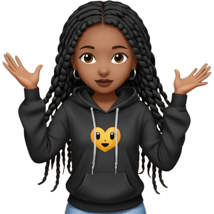 African American gir dark skin complextion a l with long black box braids wearing black Christian hoodie dancing emoji