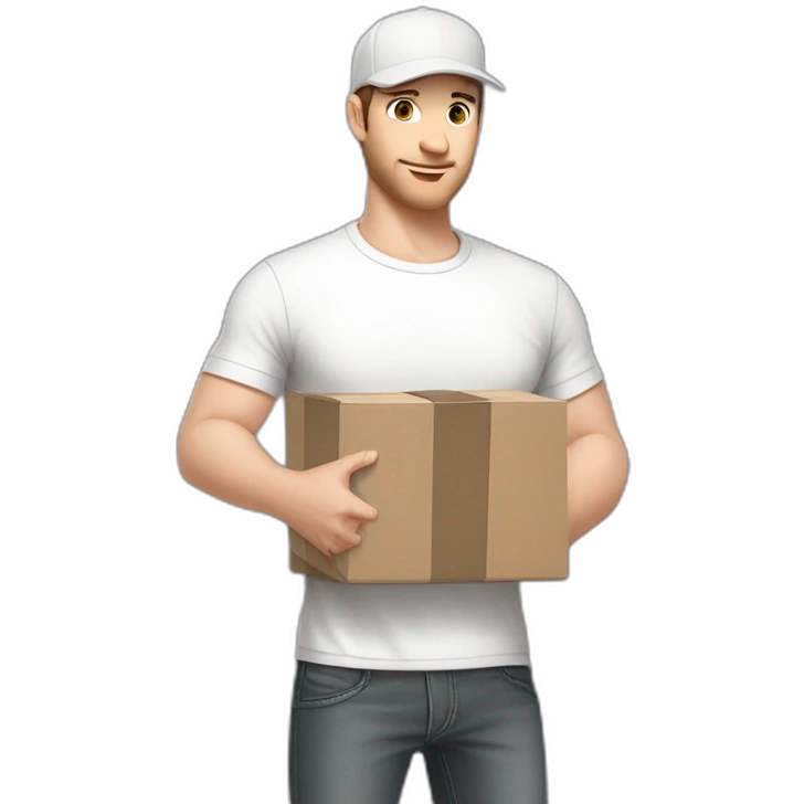 Pale skinned fit Man with dark brown hair in a light gray cap, dark brown jeans, brown polo and white T-shirt keeping a pasted with tape white box into his hands emoji