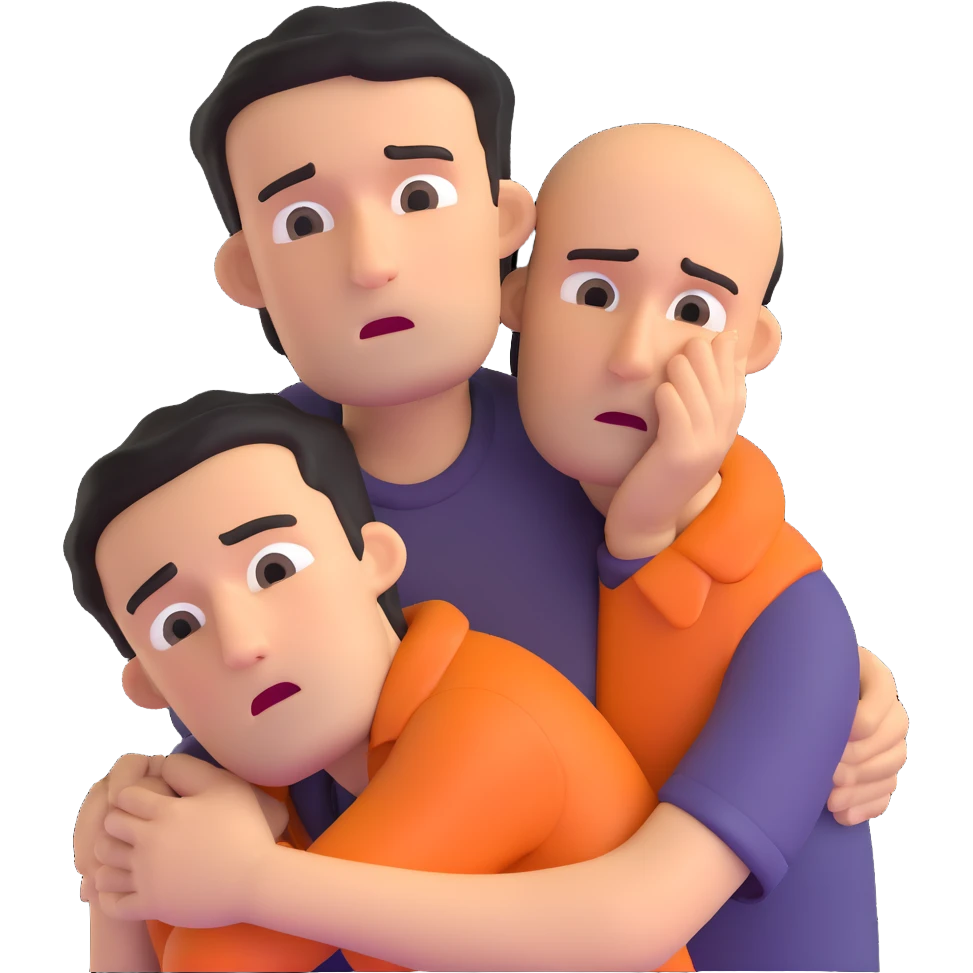 man with anxious attachment style clinging desperately to partner with worried expression and fear of abandonment emoji