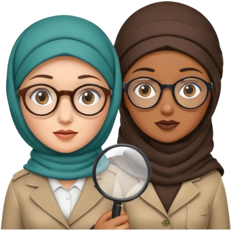 one white woman with hijab and glasses detective + one black woman without hijab and glasses detective  hand lens in one hand, hat etc emoji
