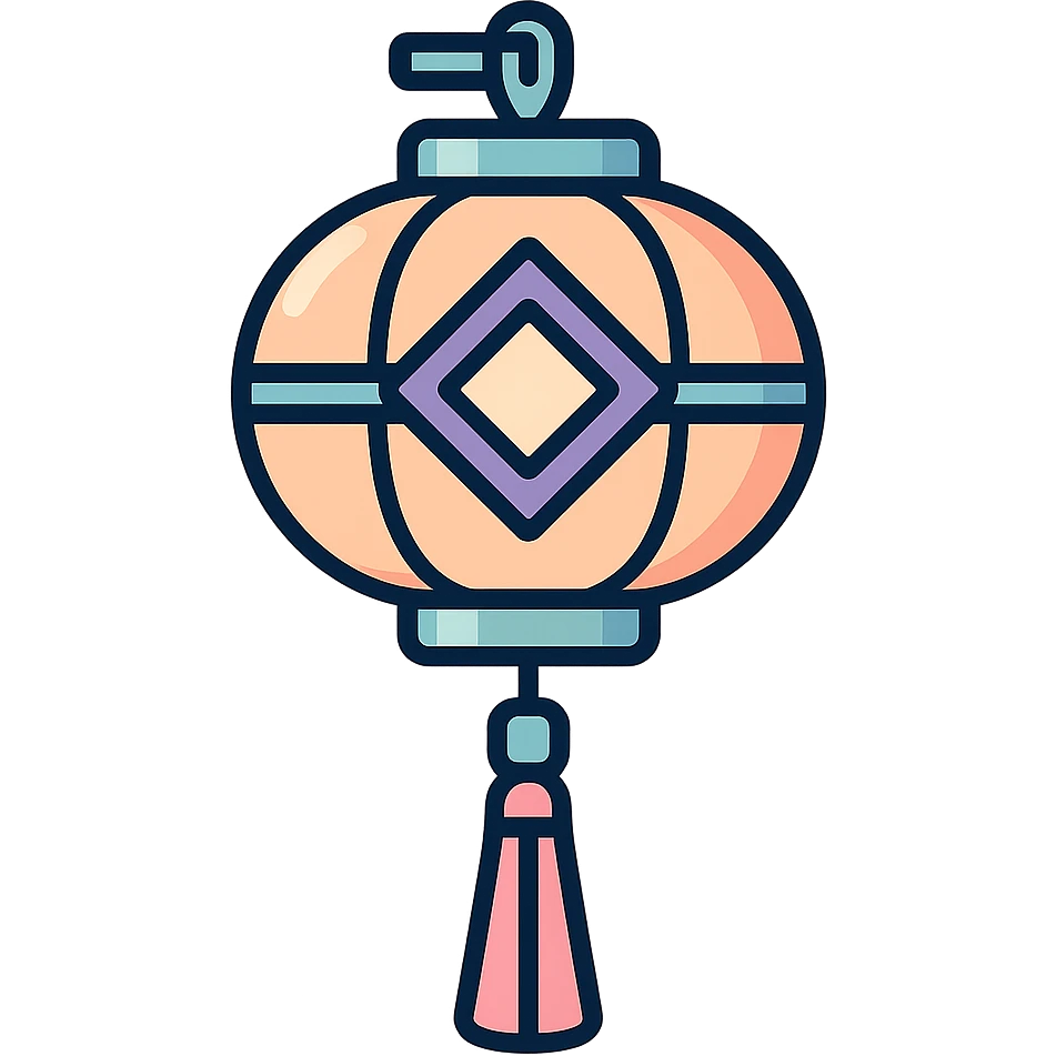 Chinese lantern with geometric ornament and tassel, not minimalist, no floral decor, detailed shadows and highlights, thin clean contours, soft rounded shapes, pastel palette #98B5BC, #B5B3C1, #C9A3C9, #E4C0CA, #F7DCD1, #F7C0AA, modern Japanese pop-art and sticker aesthetics, high detail, vector sharpness, soft lighting, transparent background emoji