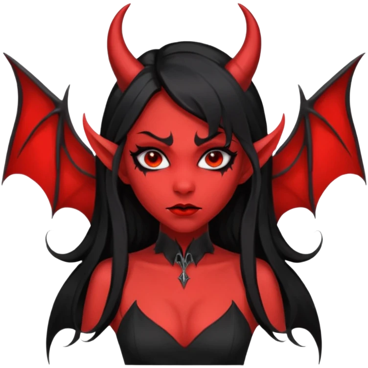 demon girl, skin red , black long hair, small horns, pointed ears, bat wing, black open-back dress, bold black outlines, red+black palette emoji