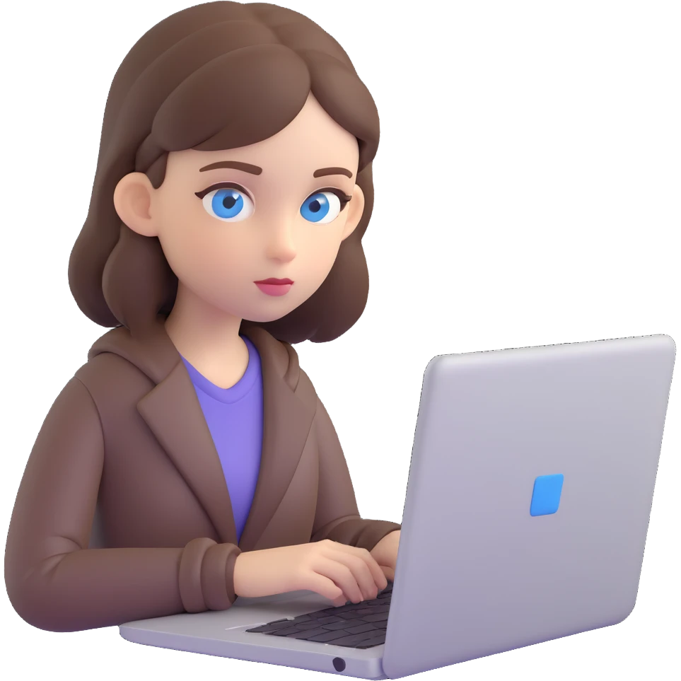 girl with blue eyes and brown hair, focused on her laptop, white skin, modern workspace emoji