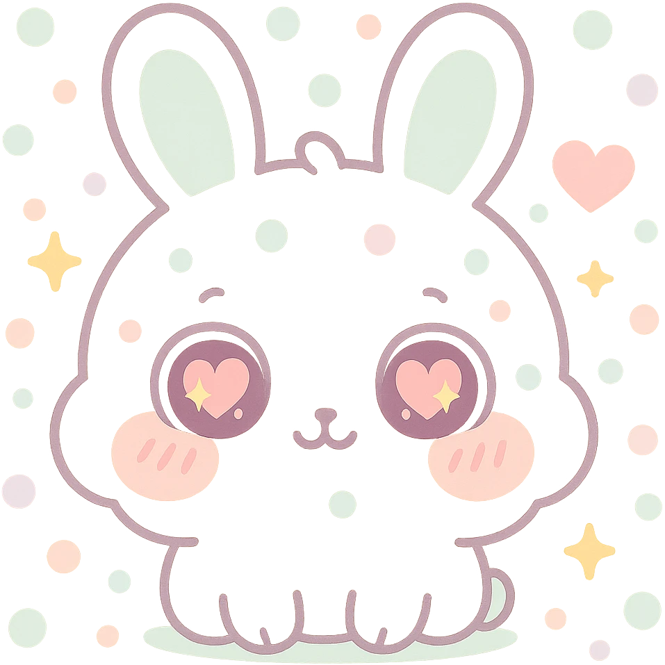kawaii chibi-style bunny emoji with love eyes mood, round fluffy face, sparkly eyes, blushing cheeks, pastel color palette, soft rounded design, anime-style, sparkles and hearts, vector art, transparent background emoji