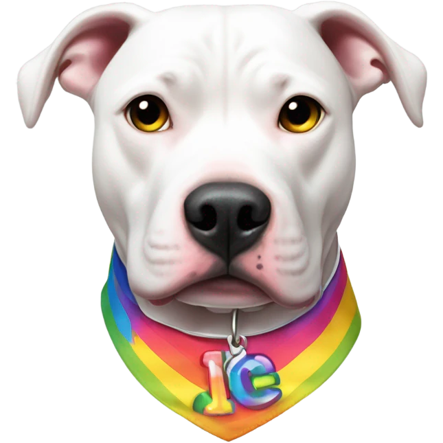White pitbull with a collar that spells out Ice wearing gay pride shirt emoji