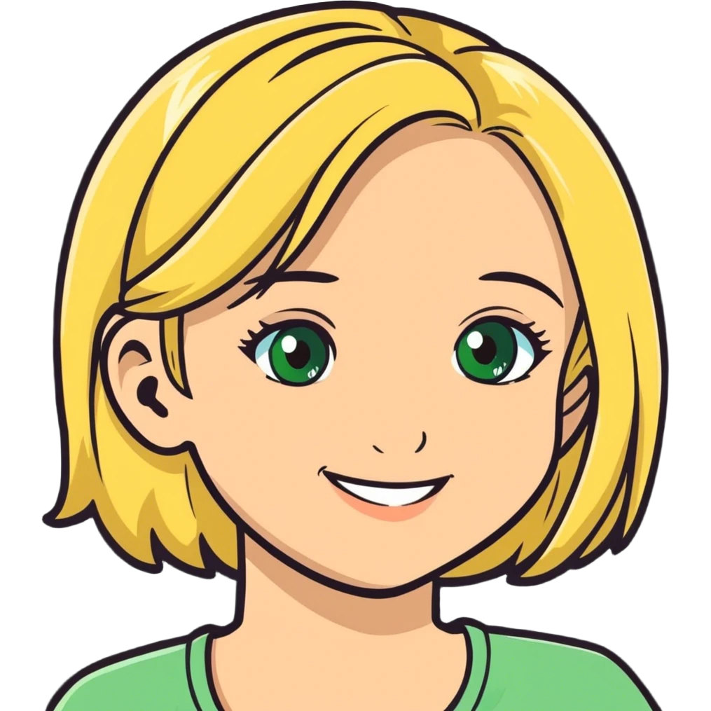 Blond girl smiling with green eyes emoji