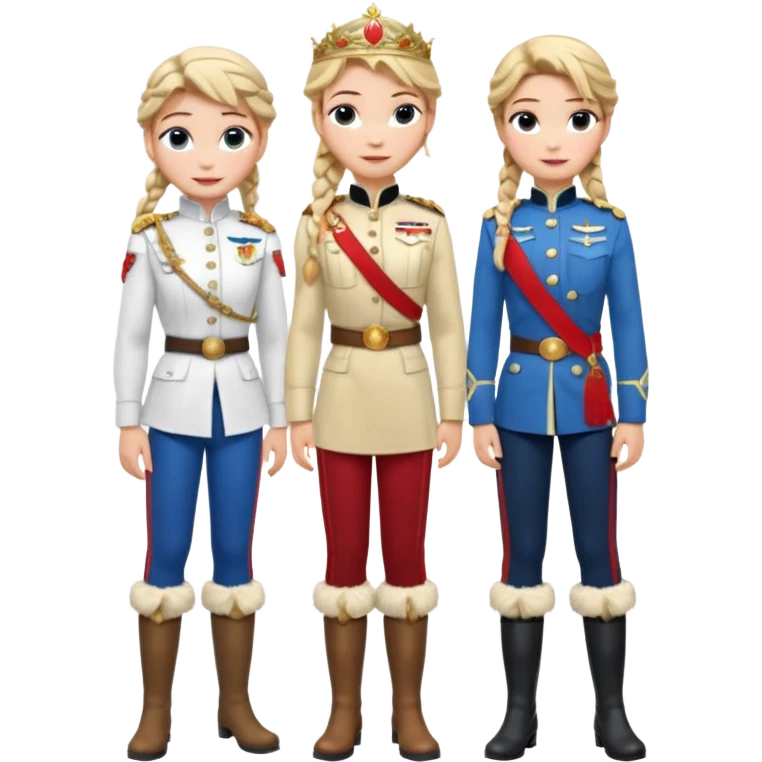 Blonde single braided haired Elsa and brown double braided haired Anna arendelle from disney frozen movie are same wearing gold tiara white military tunic arm badge shoulder cord medal red sash blue belt black trouser with both side red stripe white overknee boots full body view emoji