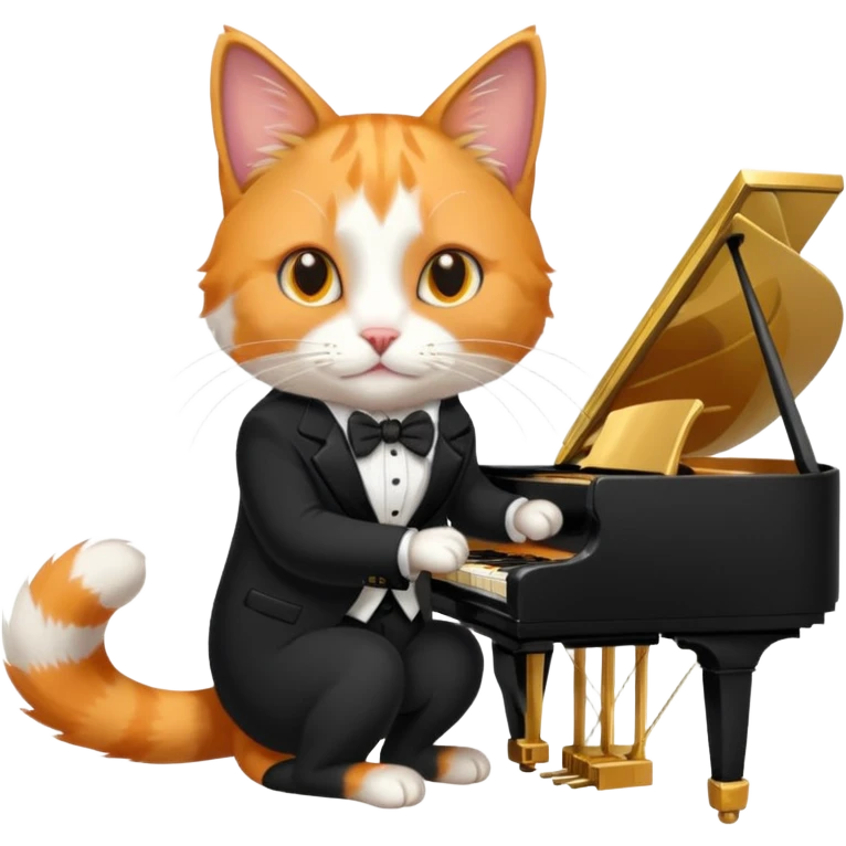 calico cat play gold piano, wear black suit, portrait emoji