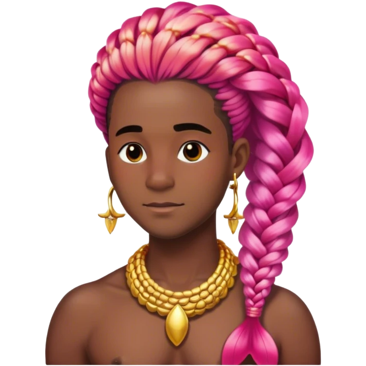 black gay man mermaid with gold jewellery, red pink ombré tail and box braids  emoji