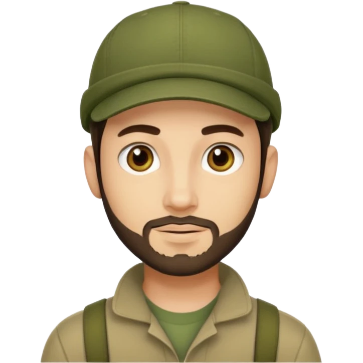 Apple emoji style young man with light skin, short stubble beard, dark eyes, olive green cap, dark brown hair. Clean shapes, soft gradients, friendly expression. emoji