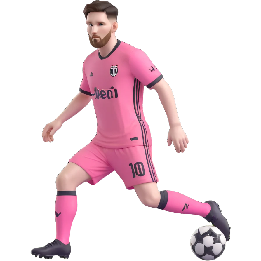 Messi dribbling a soccer ball, dressed in Inter Miami's pink jersey, focused expression emoji