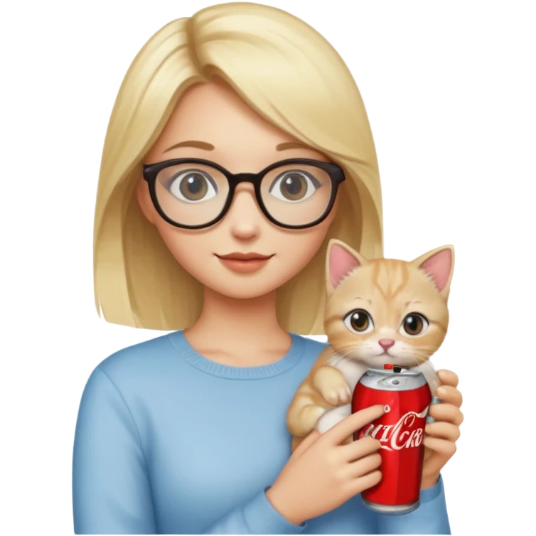 A beautiful girl with blonde hair and glasses holding a kitten in one hand and a Coke in the other emoji