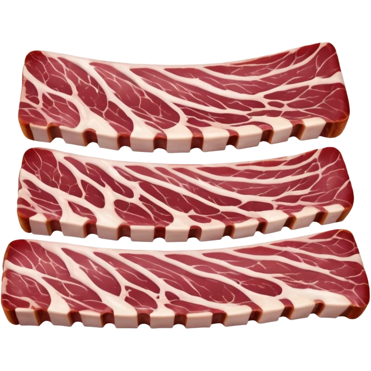 raw rack of pork ribs with curved bone structure, trimmed edges, alternating layers of pink-red meat and white fat, moist surface, visible marbling, slight connective tissue, no sauce or extras, soft lighting, emoji scale emoji