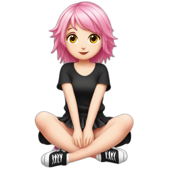 Full body Front view curvy emo girl pink hair sits on the floor straight view hands up black skirt белые трусики рваные полосатые чулки emoji
