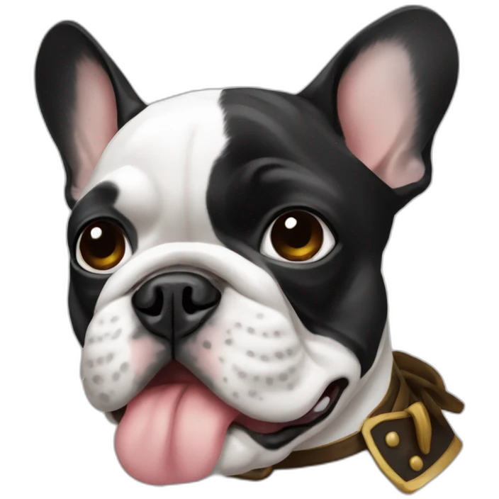 A french bulldog with black and white colors, one eye black, like a pirate emoji