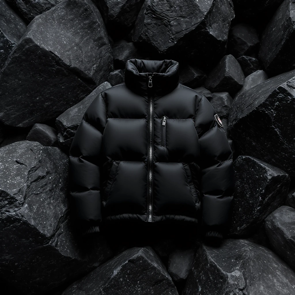 cinematic still of a black puffer jacket around black stone environment emoji