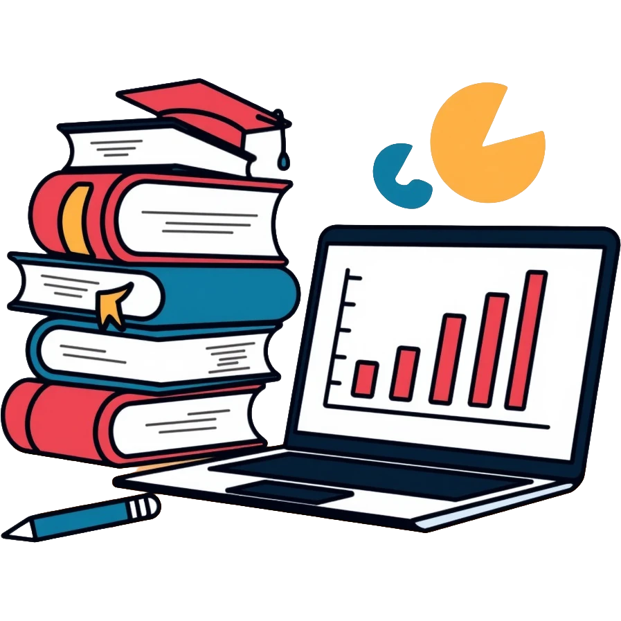 academic research with books, laptop and data charts emoji