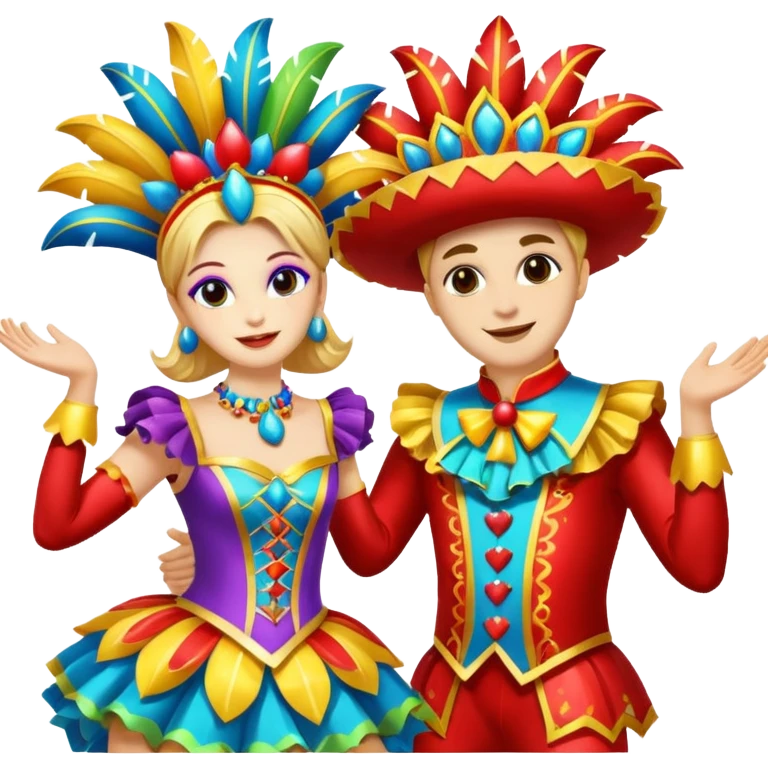 Duas pessoas dançando vestido com roupa de carnaval emoji