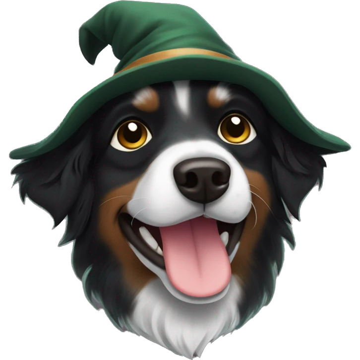 Small black australian shepherd dog dark green witch hat emoji