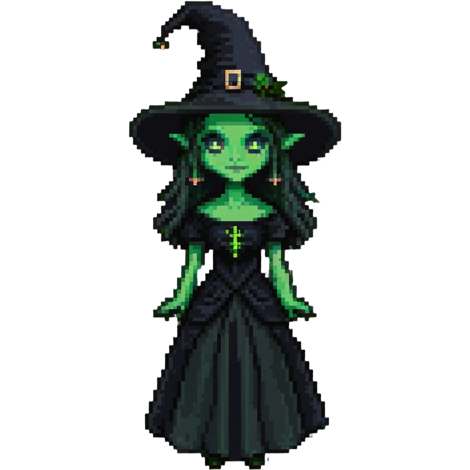 Elphaba from Wicked, green-skinned witch with a black pointed hat and black dress emoji