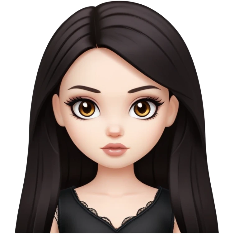straight dark hair, pale skin, dark brown eyes, pretty bratz baddie emoji