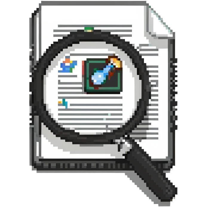 information repository icon with document stack and search magnifying glass emoji