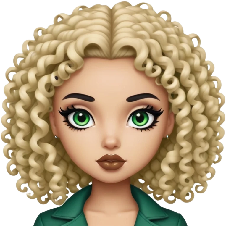 curly dark hair, light skin,  dark green iris, pretty bratz baddie, strong black eyeliner emoji