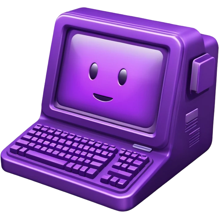 A futuristic terminal prompt colored purple on an old computer ascii emoji