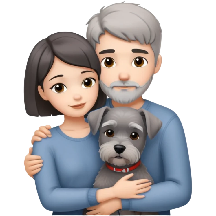 a shorthair girl with boyfriend hugging a grey Schnauzer dog emoji