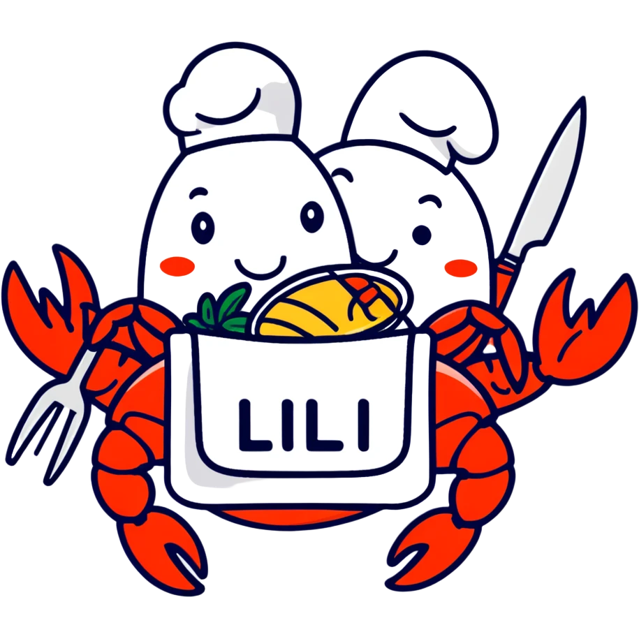 A red lobster with the food bib on the food bib, and there will be another lobster beside it, holding a knife and fork with a food bib that says lil bug ￼ emoji