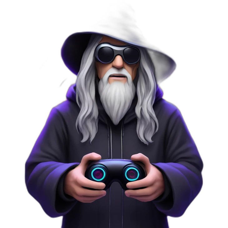 Gandalf wearing a black hoodie with "OMG" letters on it and VR headset in a cyberpunk VR environment with violet neon lighting. emoji