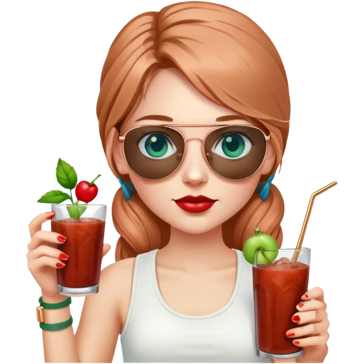 girl with long pig tailed hair
with blue eyes
and aviator sunglasses
wearing white tank top 
holding bloody mary
wearing (rose gold apple watch with forest green band) emoji