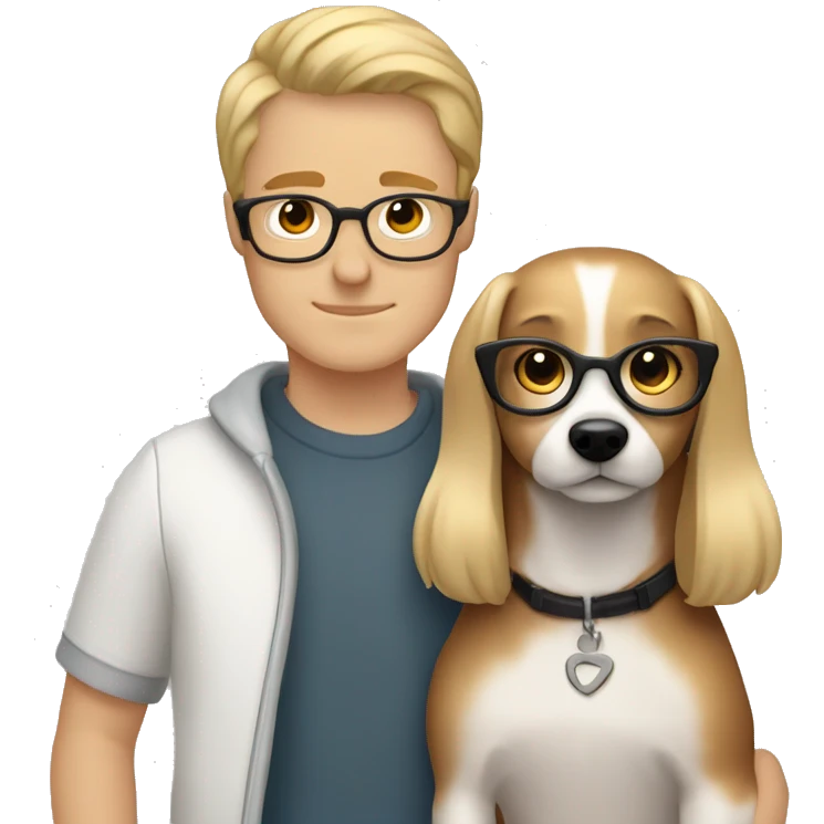 Blonde girl and her white boyfriend with brown hair and glasses cuddling a jack Russell  emoji