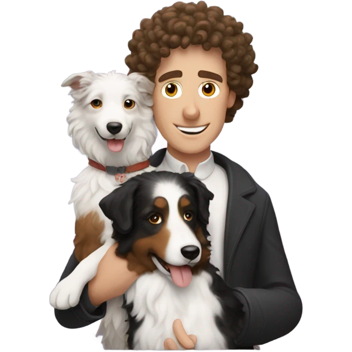 A curly-haired whiteman holding a Border Collie. emoji